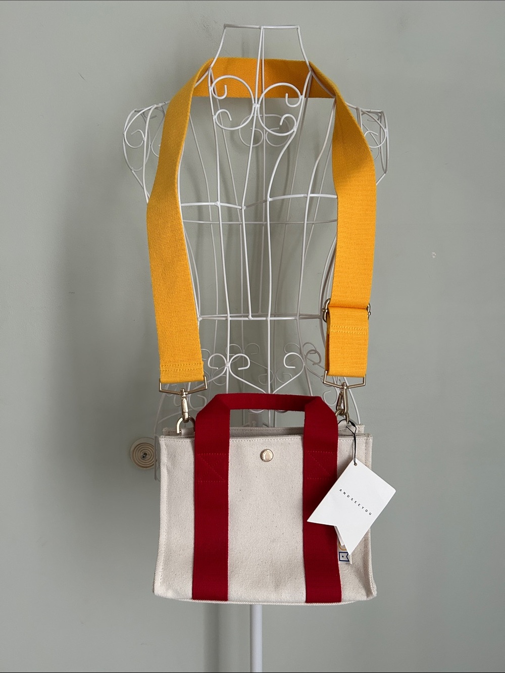 seeyou Cream Canvas Bag with Red Straps and Yellow Adjustable Strap